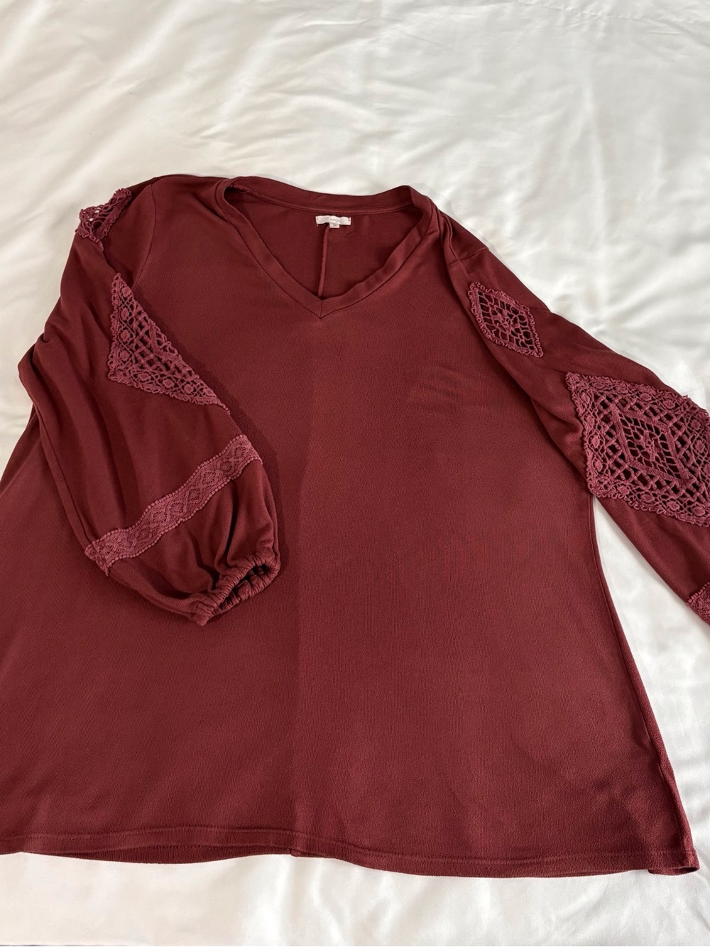 Maurices Burgundy V‑Neck Long Sleeve Top with Crochet Panels